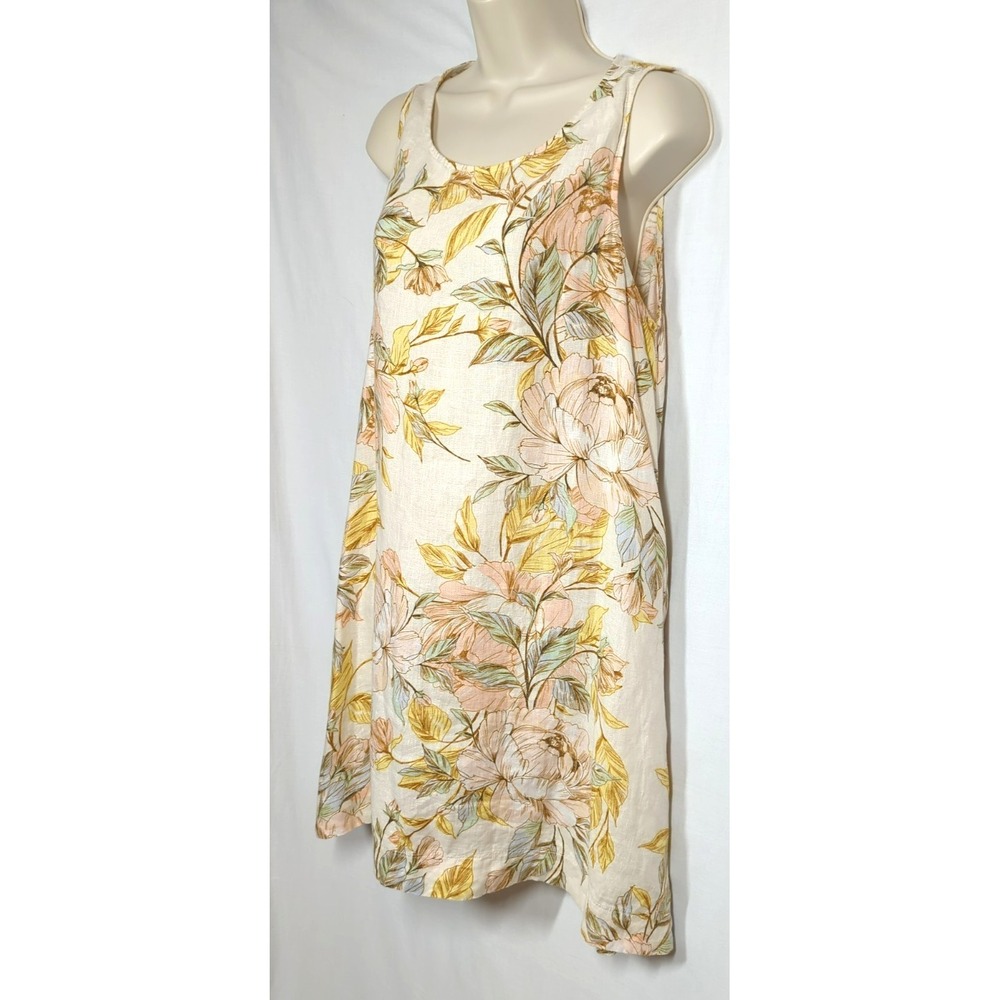 Linen Sleeveless Dress M Floral Print Pockets Shift Easy Chic Timeless Resort